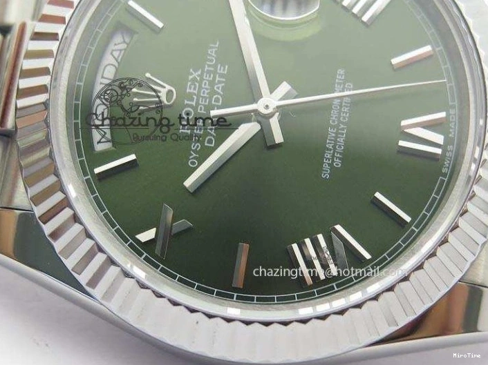 MiroTime 0424 Stretchable DayDate 40mm BP-Maker 228206 SS Green Roman Dial (Fluted Bezel) On SS Bracelet ETA 3904